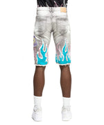 Flame Graphic Denim Shorts - Frost Grey - Smoke Rise