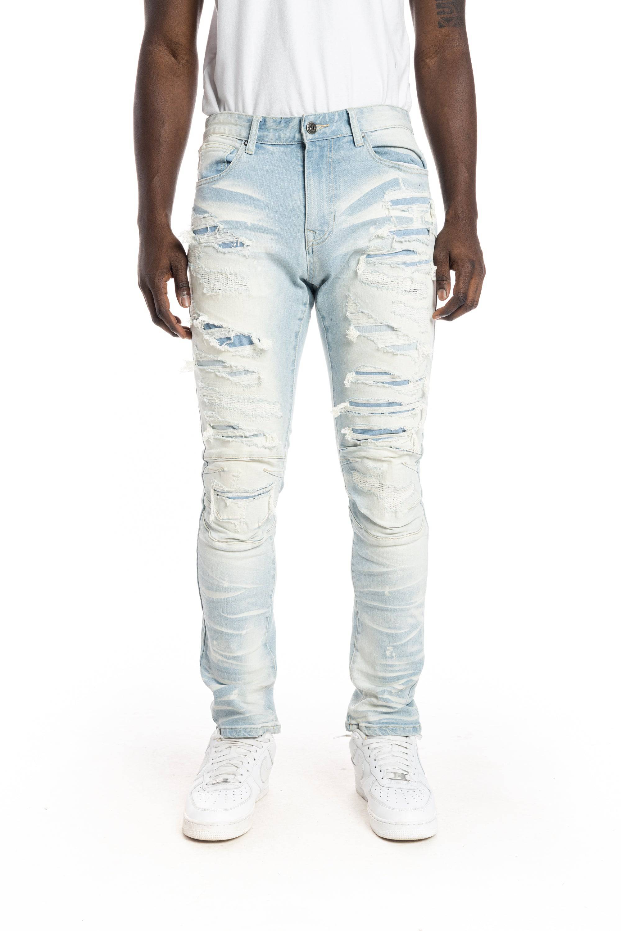 Heavy Rip & Repair Fashion Jeans Speckle Blue - Smoke Rise