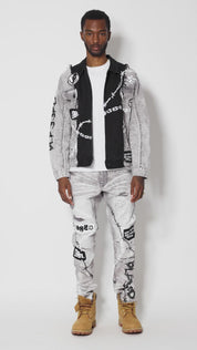 Mixed Media Fashion Denim Jacket - Frost Grey