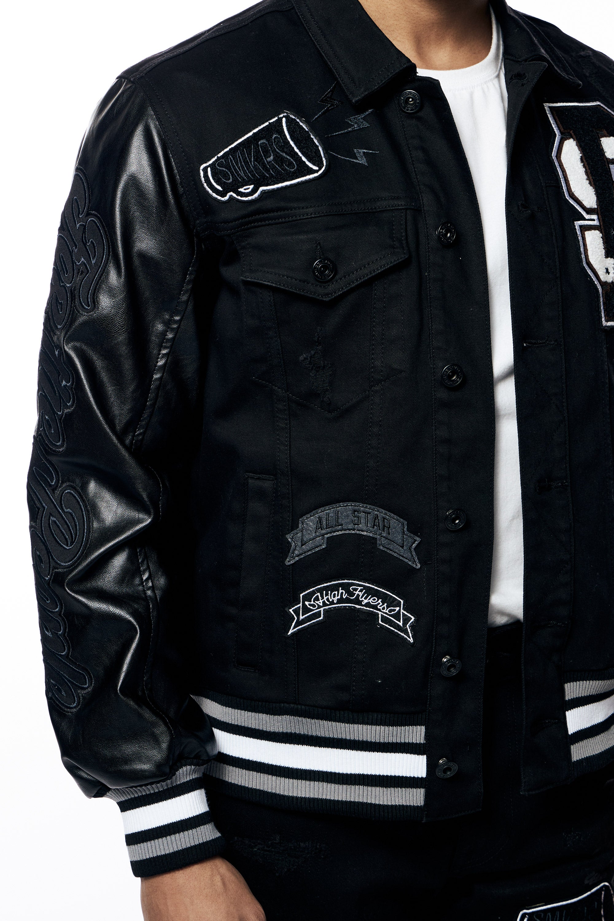 Varsity Vegan Leather & Denim Jacket - Black