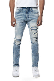Distressed Rip & Repair Slim Tapered Denim Jeans - Lowell Blue
