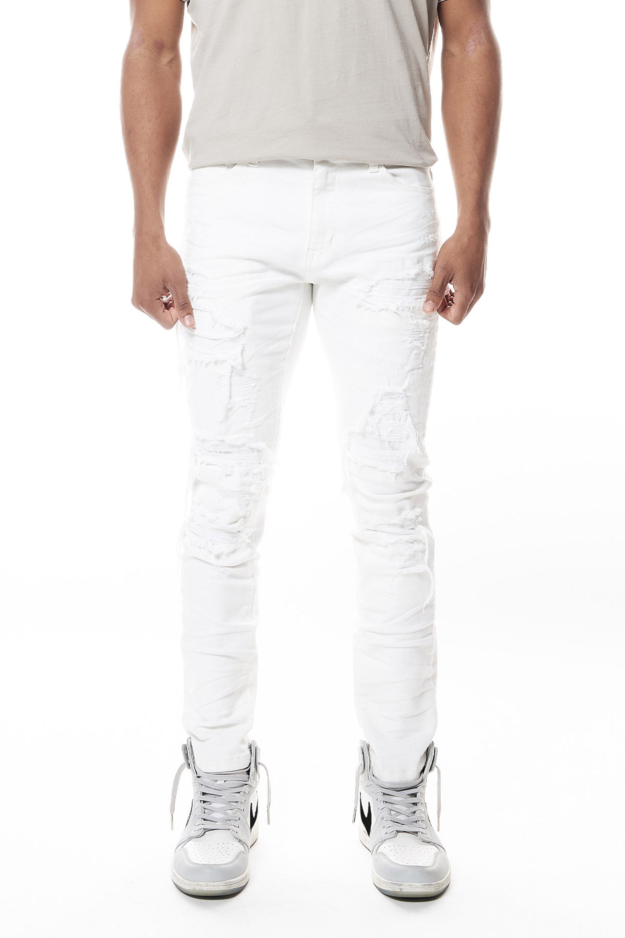 Distressed Rip & Repair Slim Tapered Denim Jeans - White