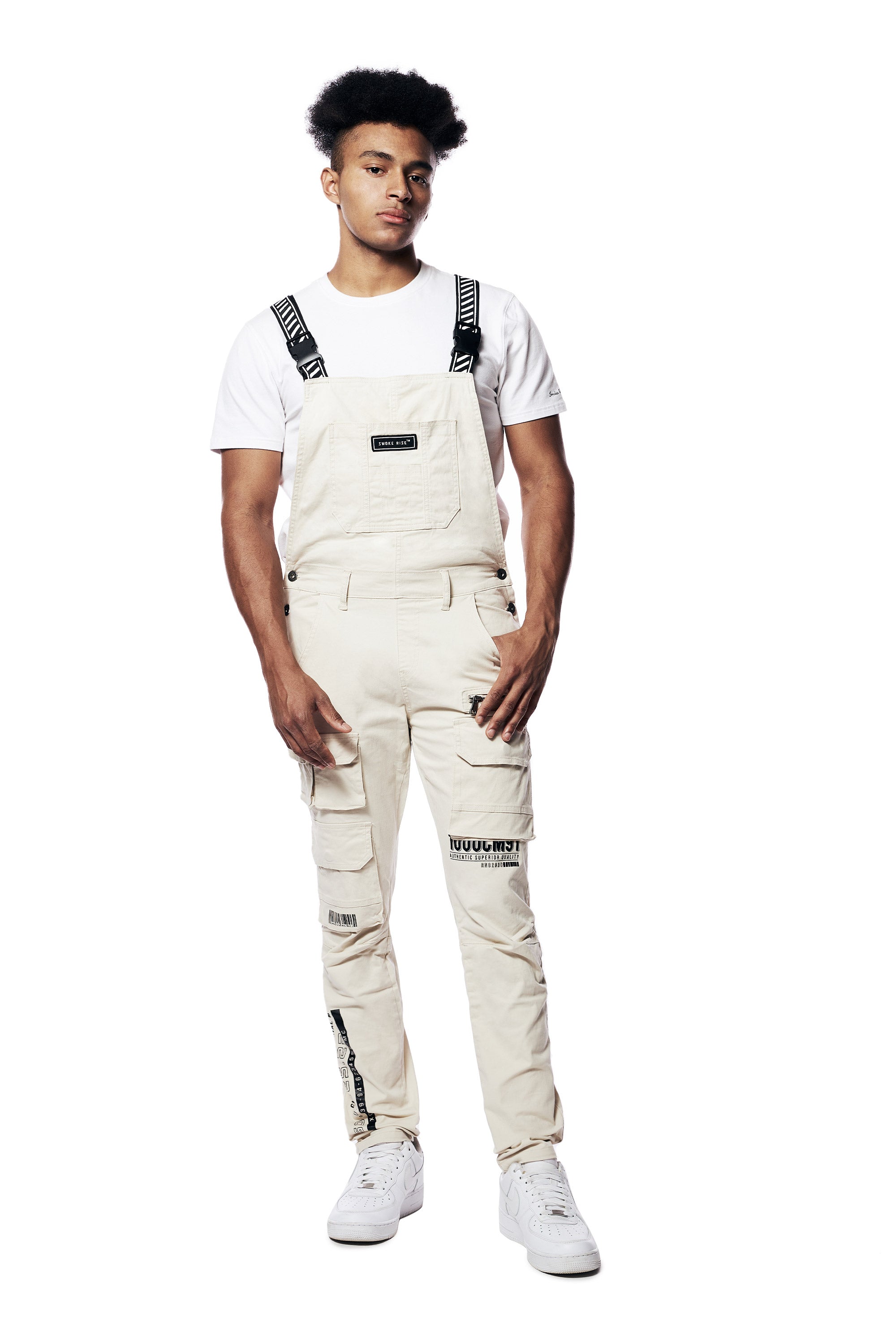 Printed Utility Twill Cargo Overalls - Latte
