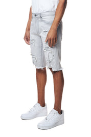 Distressed Rip & Repair Denim Shorts - Light Grey