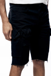 Garment Washed Twill Cargo Shorts - Black