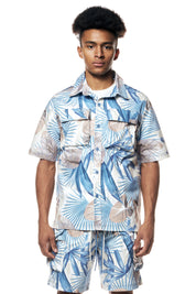 Printed Short Sleeve Woven Windbreaker Shirt - Tropic Blue